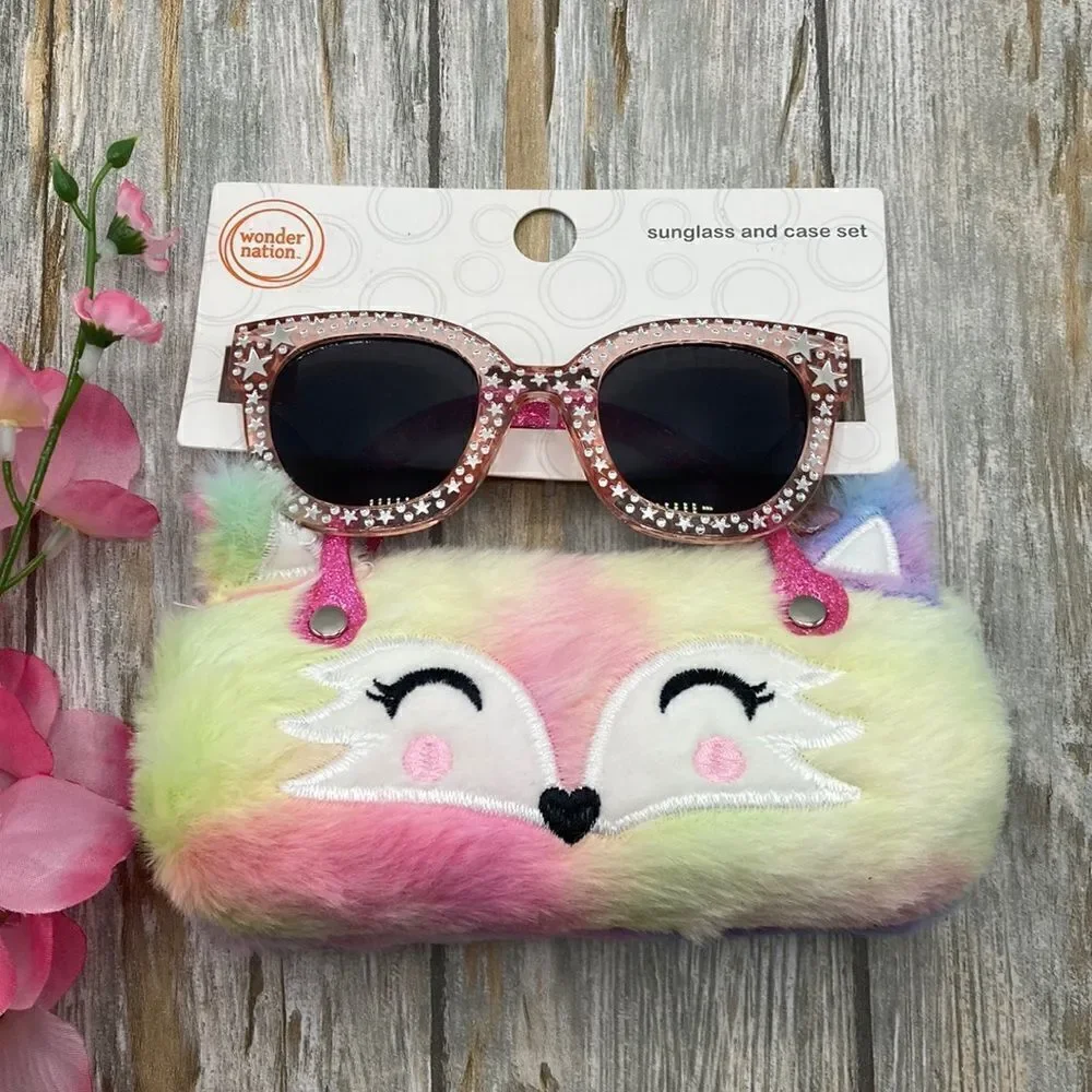 Girls Fun Summer Sunglasses With Unicorn & Fox, Faux Fur Carrying Cases